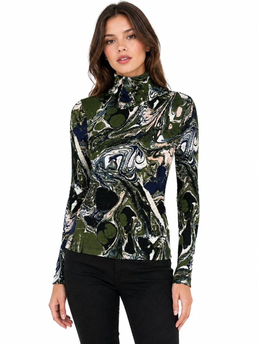RACHEL COMEY x Target Marble Print Turtleneck Top Olive Navy Mesh Stretch Size M